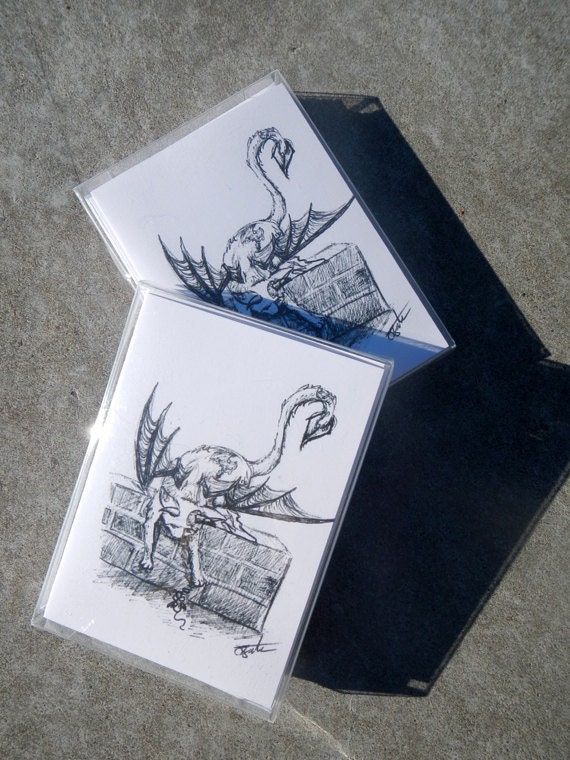 Devil Kitty Cards (4BAR) x8 Black and White pen and ink cat cards with angel mouse