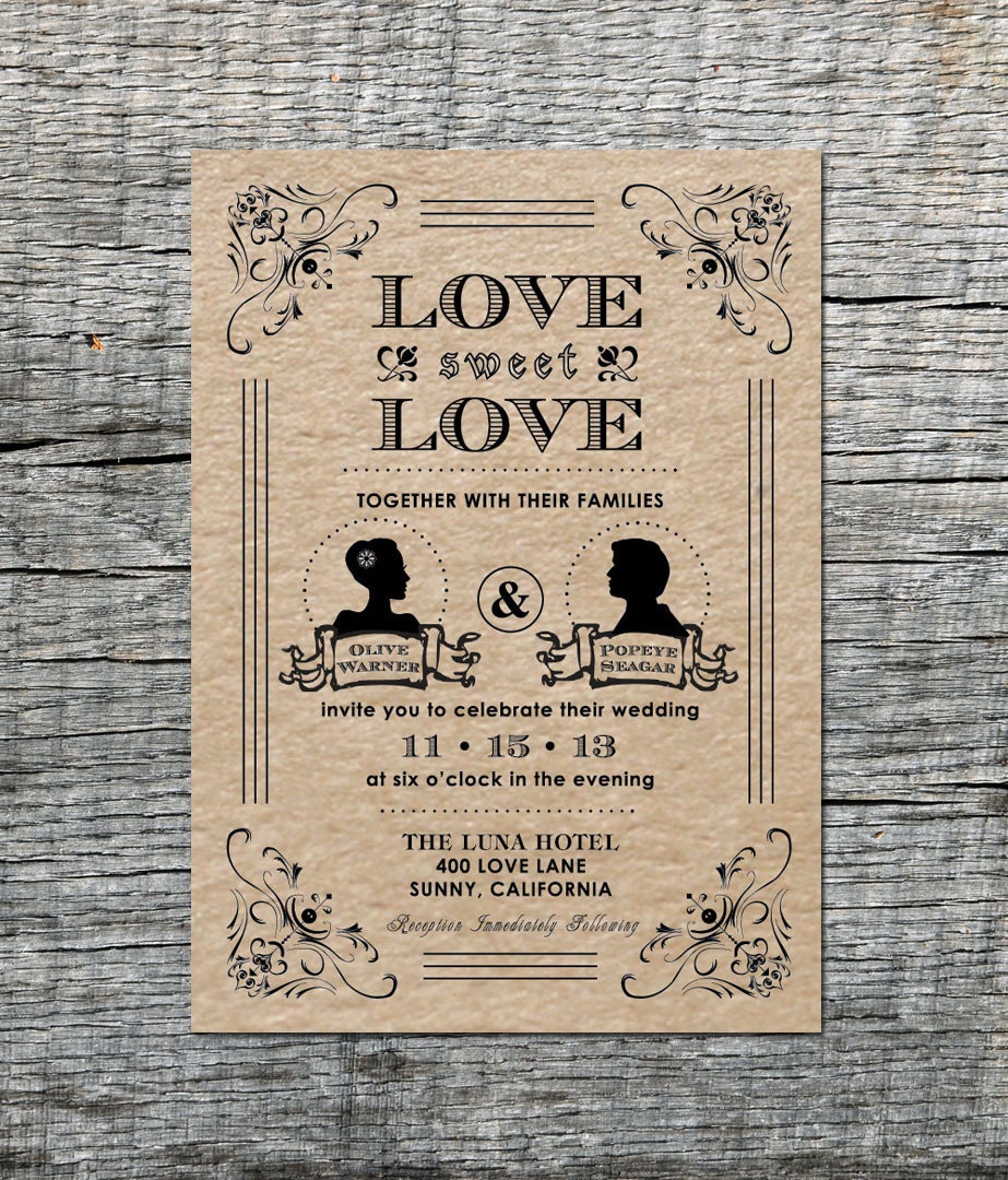 Vintage Wedding Invitation & RSVP Card with Silhouette of Couple - Hand Drawn Graphics - DIY Printable