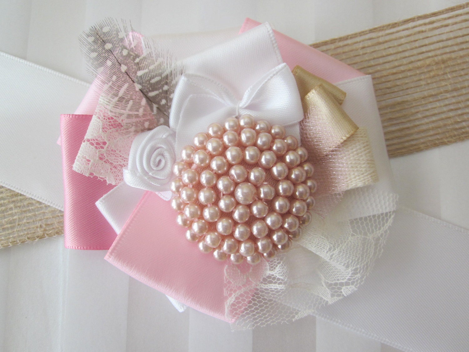 Pink Flowergirl wedding sash & hair clip set, ribbons and lace, vintage inspired