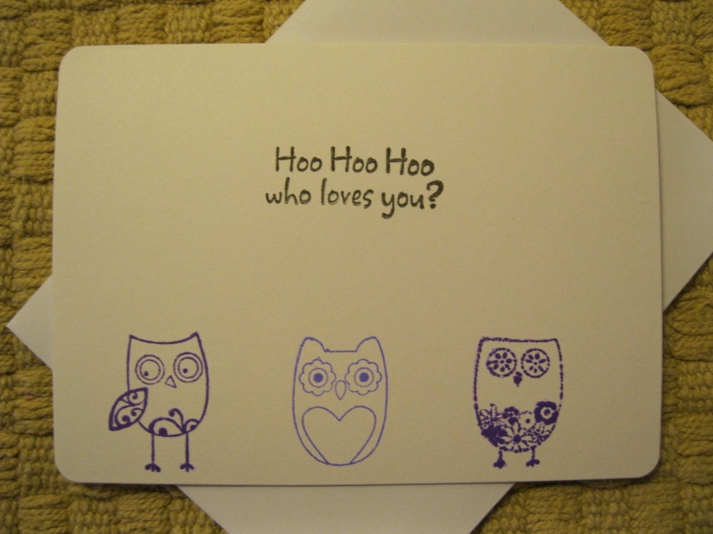 I Love You Card, Hand-stamped, Owls, Purple