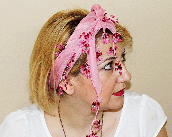 Pink Floral Pattern Headscarf , TURKISH traditional embroidered scarfs,  Bohemian Head Turban Women's Head Wrap,Gypsy