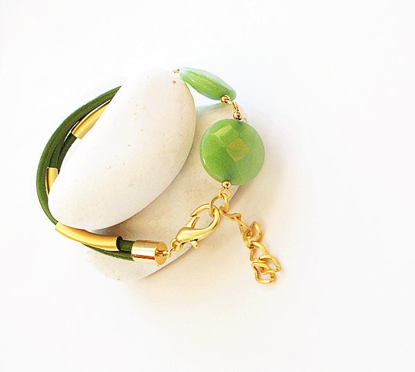 Lemon Mint Green Jade-Green Leather Cord-emerald green-gold jewelry-May fashion-fashion bilekilk