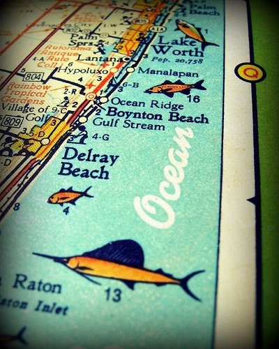 map art DELRAY BEACH retro Florida photograph print 16x20 vintage Boynton Beach 1960s aqua turquoise yellow wall art coastal decor picture