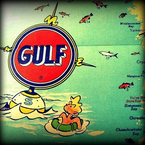 vintage map BUOY BOY print 12x12 FLORIDA photograph illustrated cartoon fish retro art red aqua vacation travel beach house decor picture
