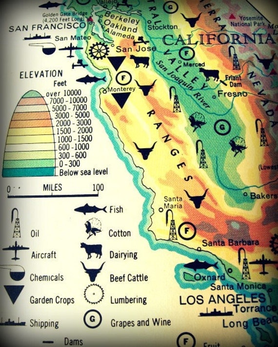map print CALIFORNIA COAST vintage illustrated  8x10 photo San Francisco Los Angeles symbol illustrated old picture industry picture