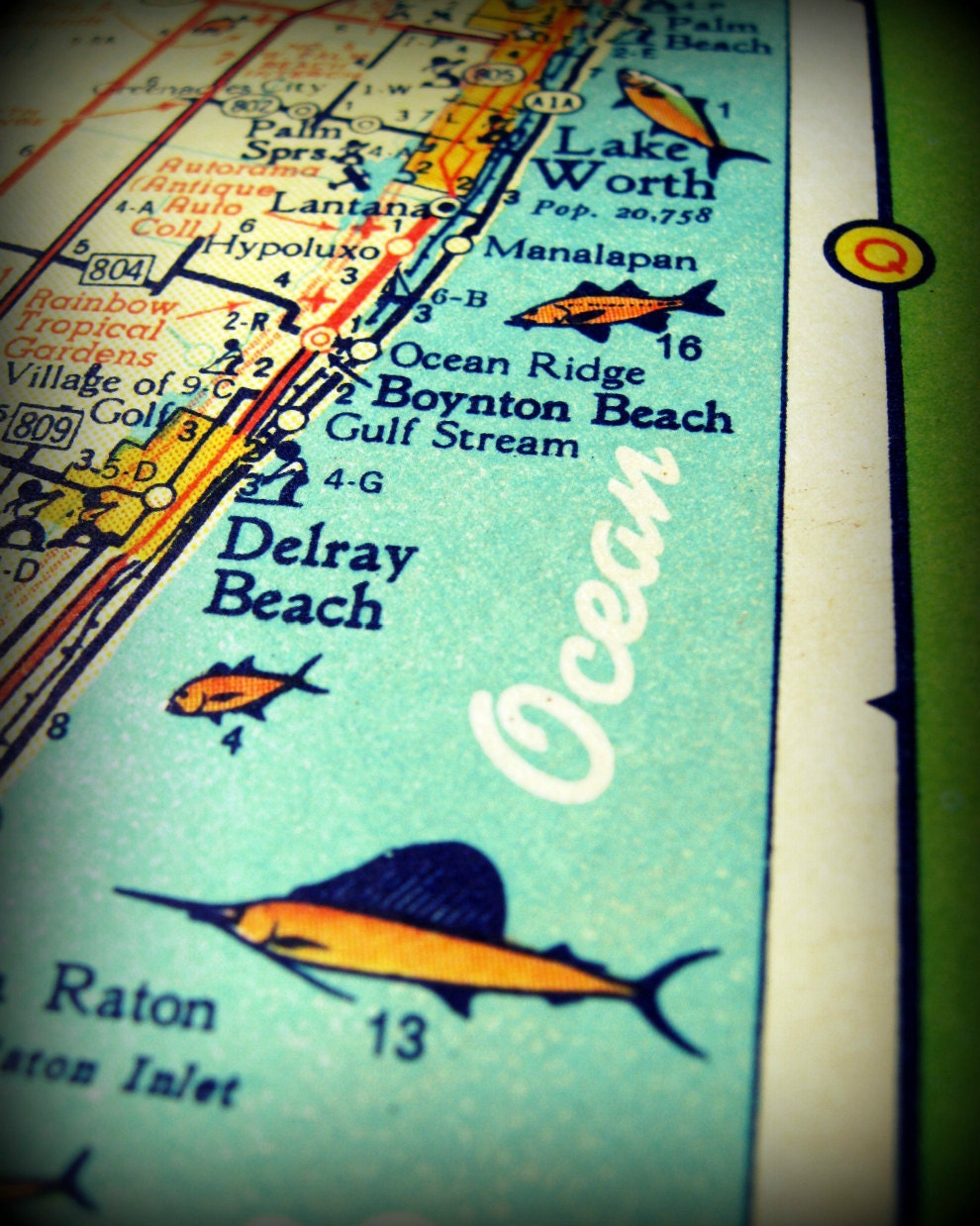 Florida map photography DELRAY BEACH retro 8x10 Boynton Beach 1960s vintage aqua turquoise yellow wall art home decor picture