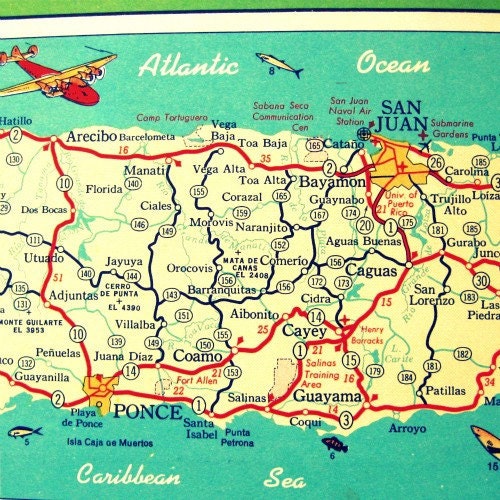 map PUERTO RICO art photo print 8x8 teal red yellow art vintage San Juan1960's Ponce Arecibo Caribbean Ocean sea beach house decor retro