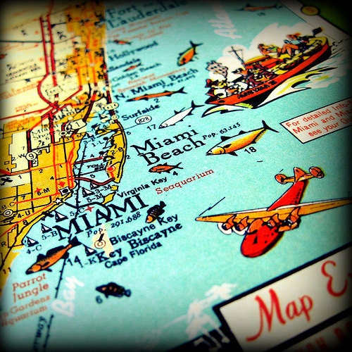 map photograph  MIAMI BEACH vintage Florida decor vintage Key Biscayne coastal turquoise red orange fish airplane picture nostalgia