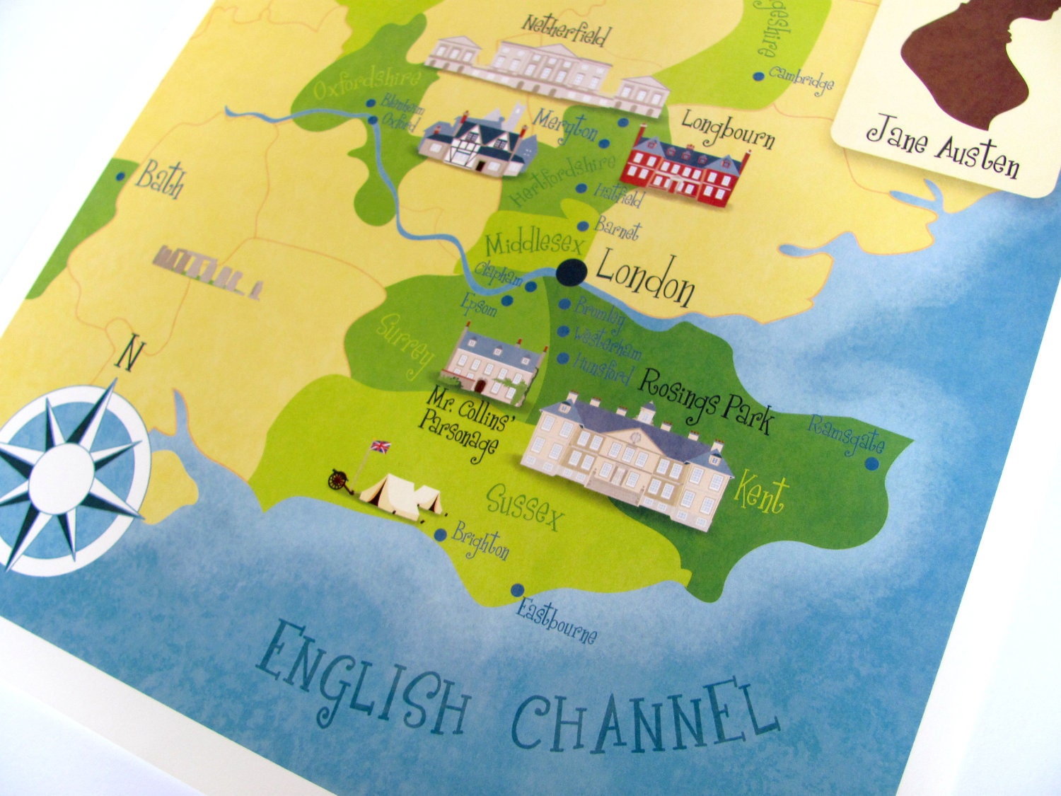 Jane Austen - Pride and Prejudice print: illustrated map (12,60 x 18,10)