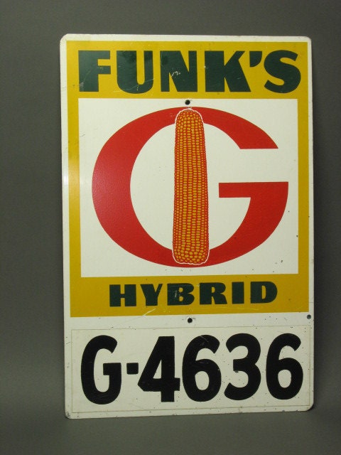 True Antique FUNK'S Hybrid Seed Sign -- with DEALER number attached