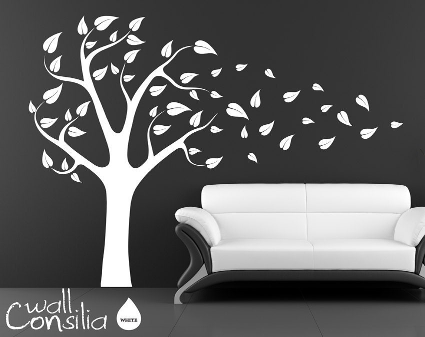 Tree Wall Decal Wall Sticker - Tree Blowing in the Wind Wall Decal - Tree Decals - Large: approx 75" x 95" (whole composition) - W003