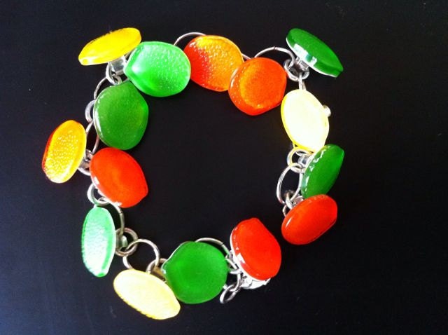 Citrus Shine Bracelet - lemon, lime, orange vintage buttons and silver tone chain