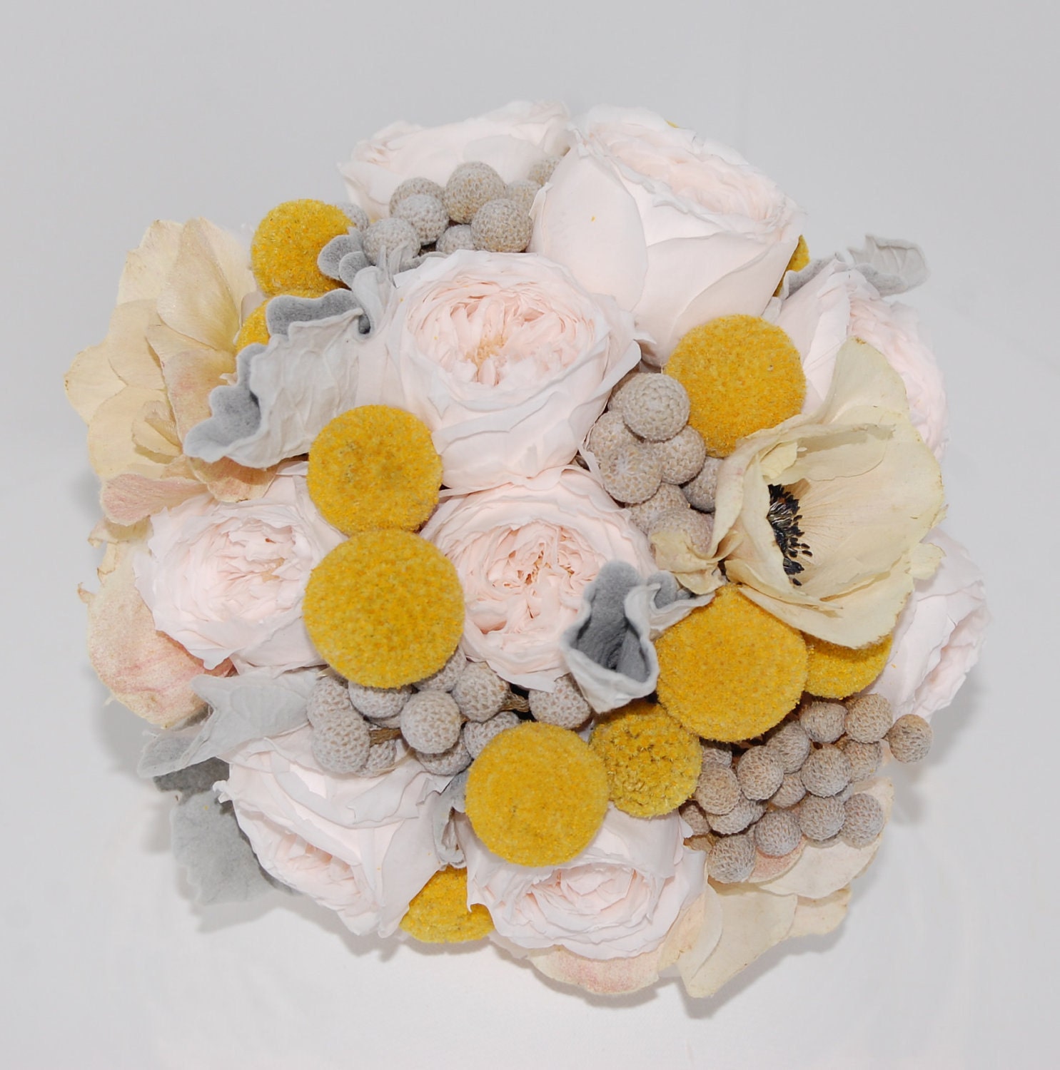 Preserved Wedding Bouquet of Craspedia, Anemone, Garden Roses, Silver Brunia and Dusty Miller