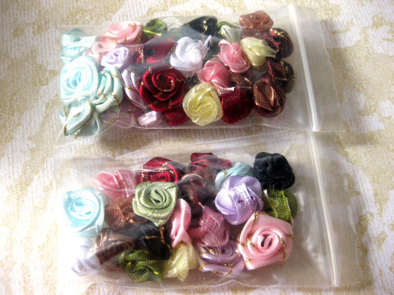 Mixed Sampler Pack B Miniature Ribbon Rose: 40 Organza and Silk Satin Roses