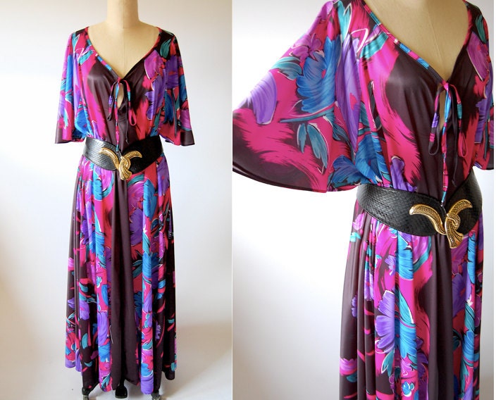 Vintage 70's maxi dress caftan jewel tones floral print bat wing sleeves hippie boho chic open size
