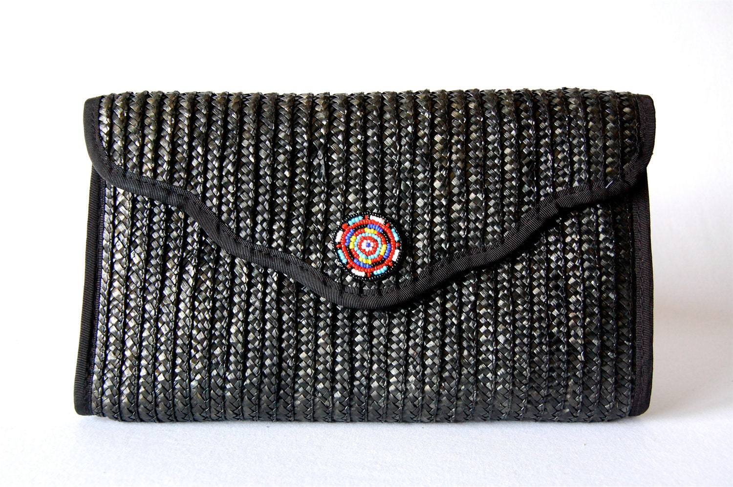 Vintage 70's clutch raffia weave beaded Southwest Navajo medallion large size