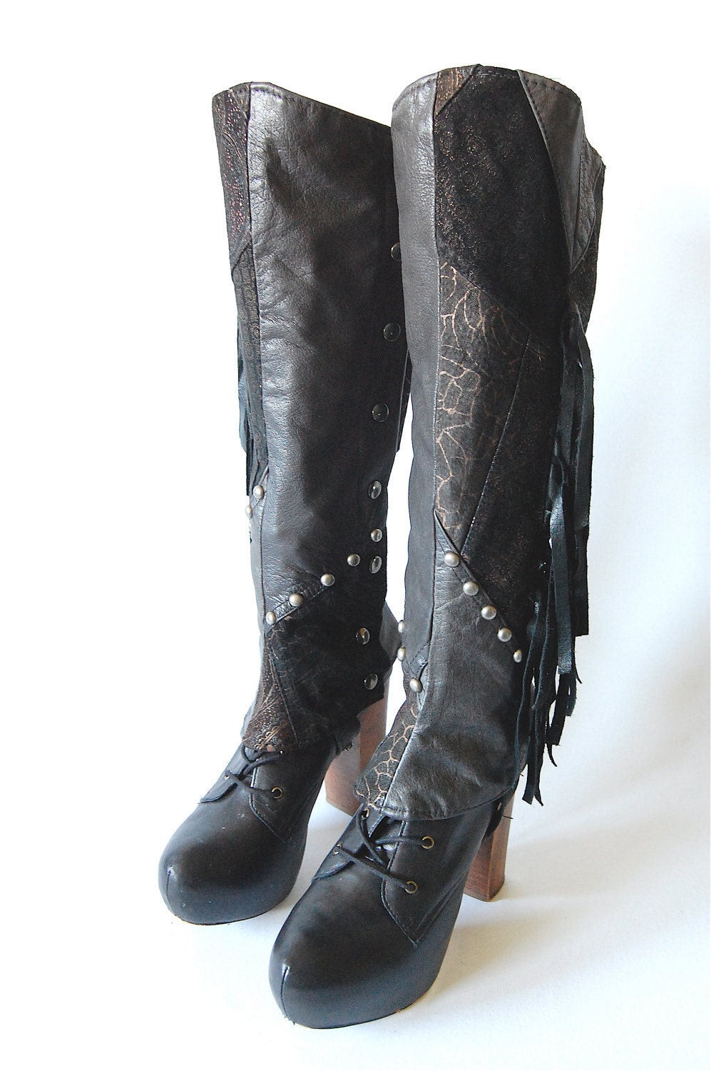 Boho Rocker spats upcycled leather fringe patchwork steampunk studded indie