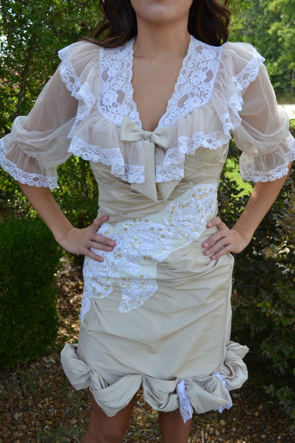 Vintage Taupe Champagne & lace bed jacket chiffon party gown dress 2/4/6