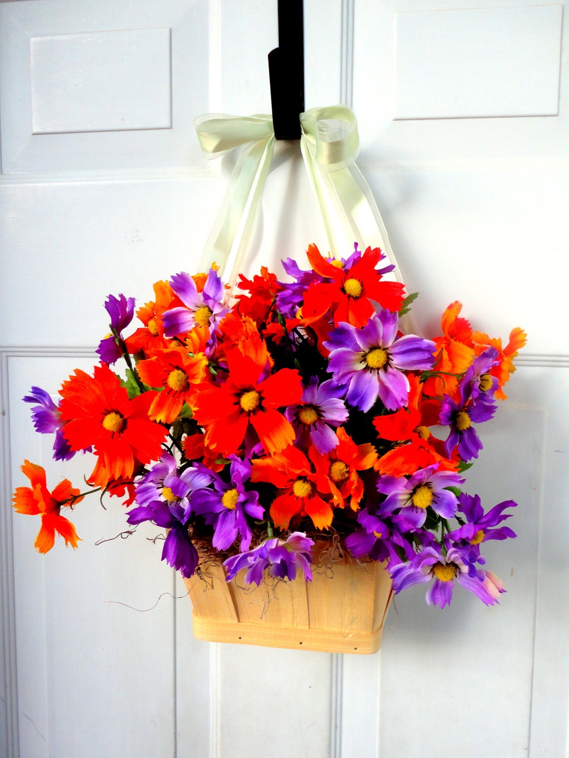 Hanging Basket-Door Wreath-Purple-Orange-Flower Basket-Summer Wreath-Wall Decoration-Wreath Alternative-Centerpiece-Floral Arrangement