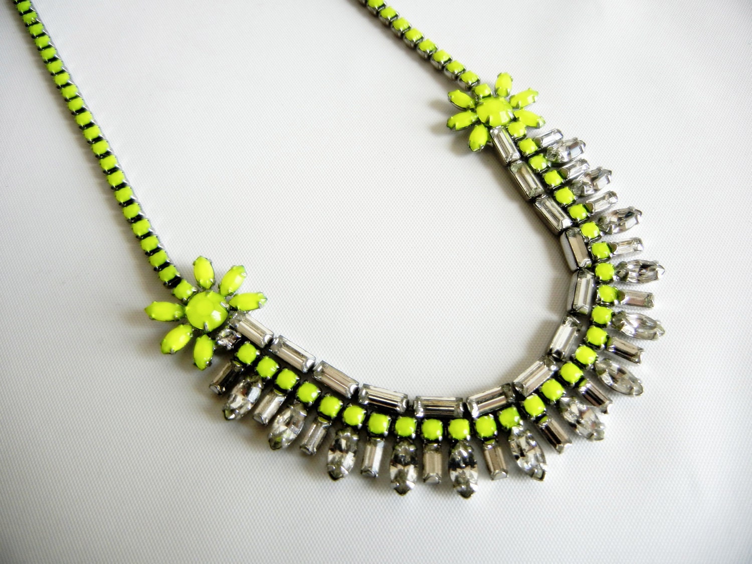 Vintage 1950s One Of A Kind Hand Painted Neon Yellow Rhinestone Necklace