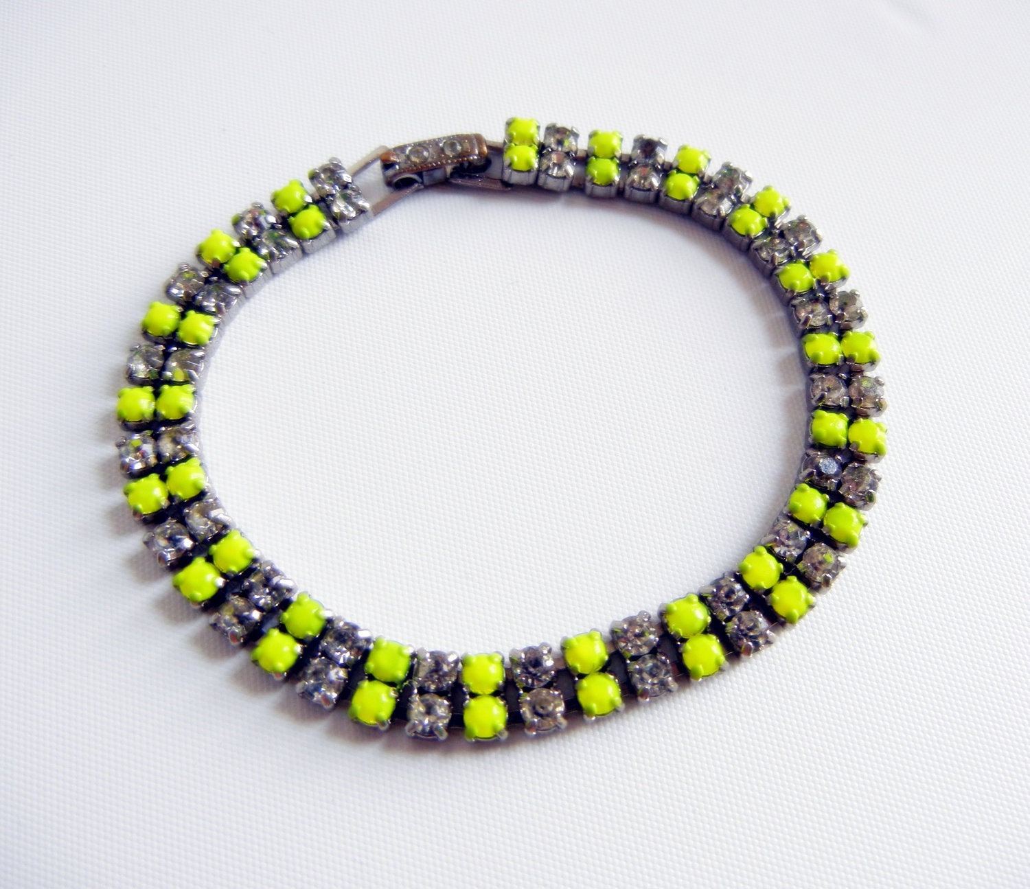 Vintage 1950s One Of A Kind Hand Painted Neon Yellow Rhinestone Bracelet