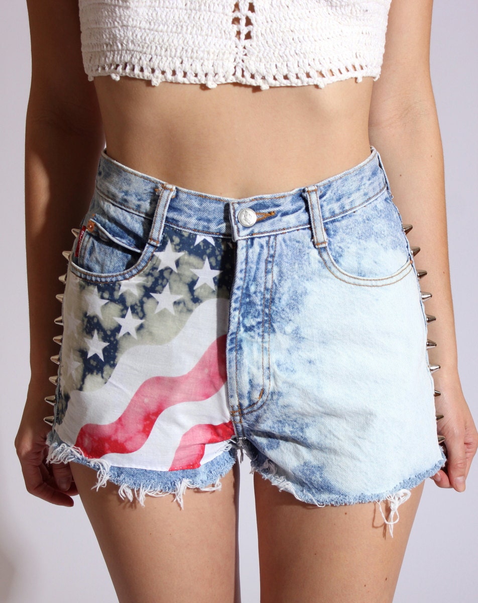Studded Patriotic Acid Wash Denim Shorts