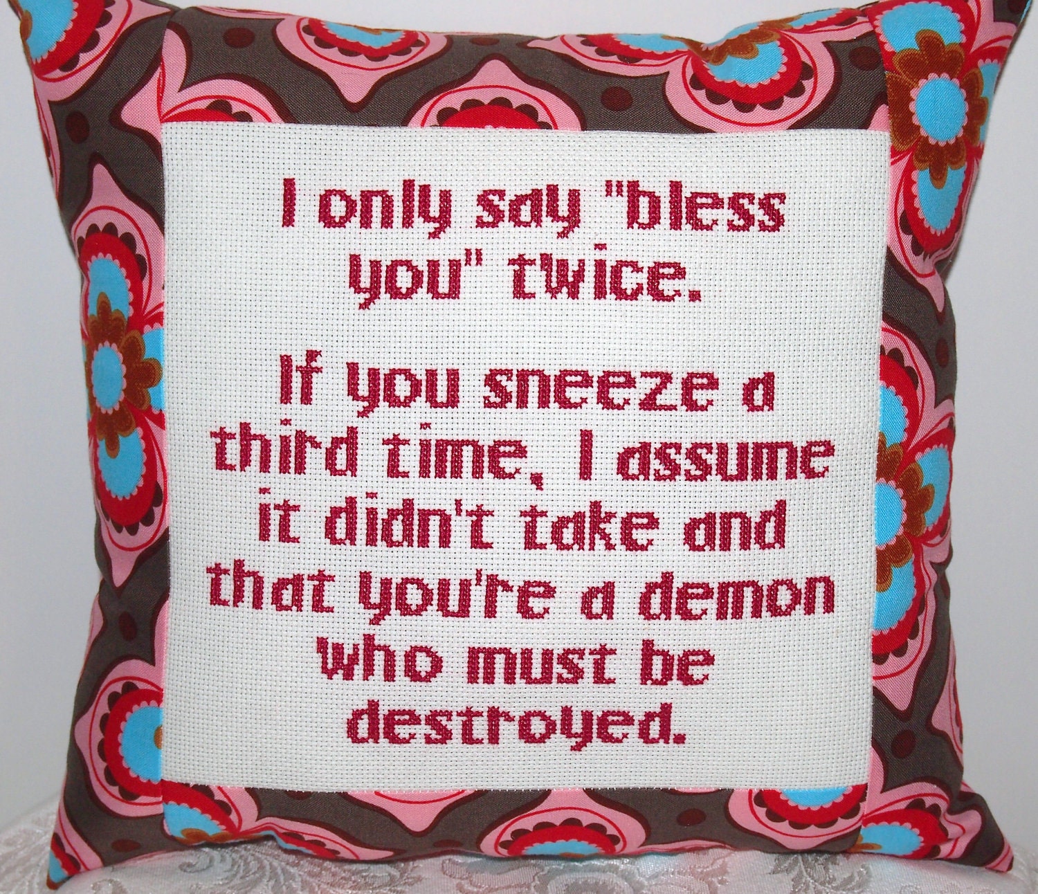 Cross Stitch Mini Pillow in Pink, Blue, and Brown - I only say "bless you" twice...