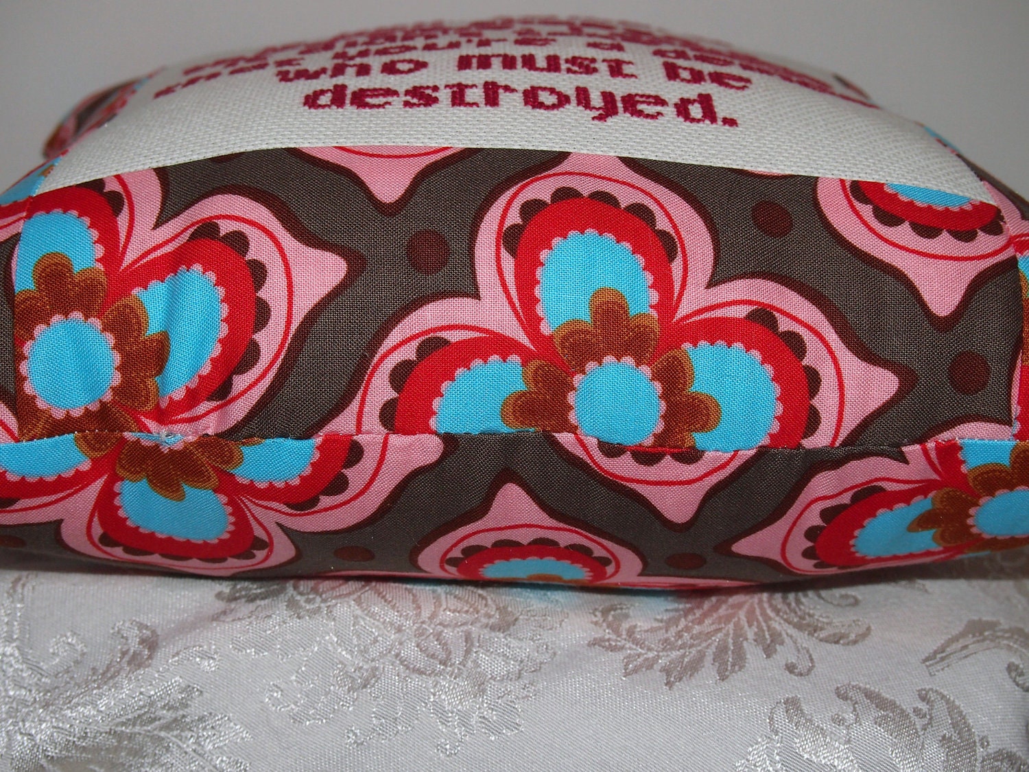 Cross Stitch Mini Pillow in Pink, Blue, and Brown - I only say "bless you" twice...