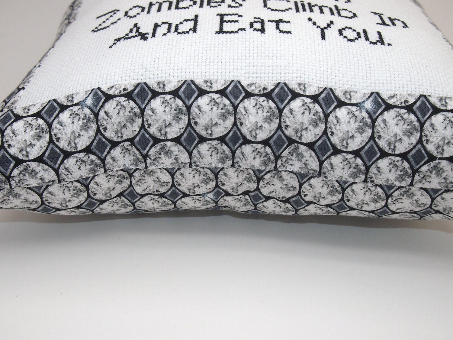 Cross Stitch Pillow Funny Quote, Black and White Pillow, Zombie Quote