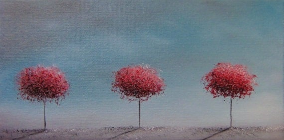 ORIGINAL Abstract Tree Oil Painting, Blue and Red Contemporary Art, Textured Canvas, 6 x 12, We Three