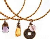 Lucky Charm Bracelet Set Brass Bangles Chinese Coin Czech Glass Jewelry
