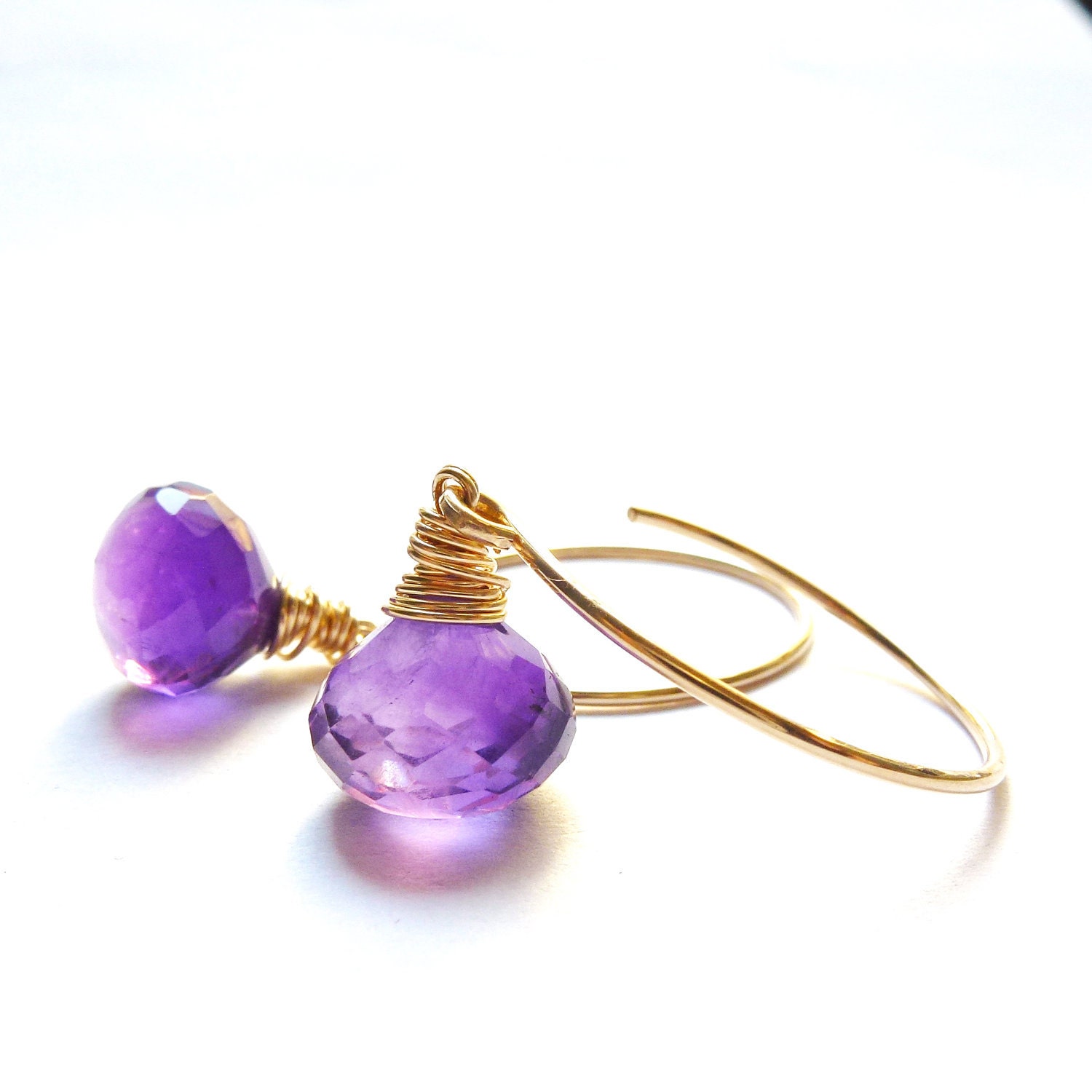 Amethyst Earrings Wire Wrapped Purple Briolette Jewelry Gold Filled