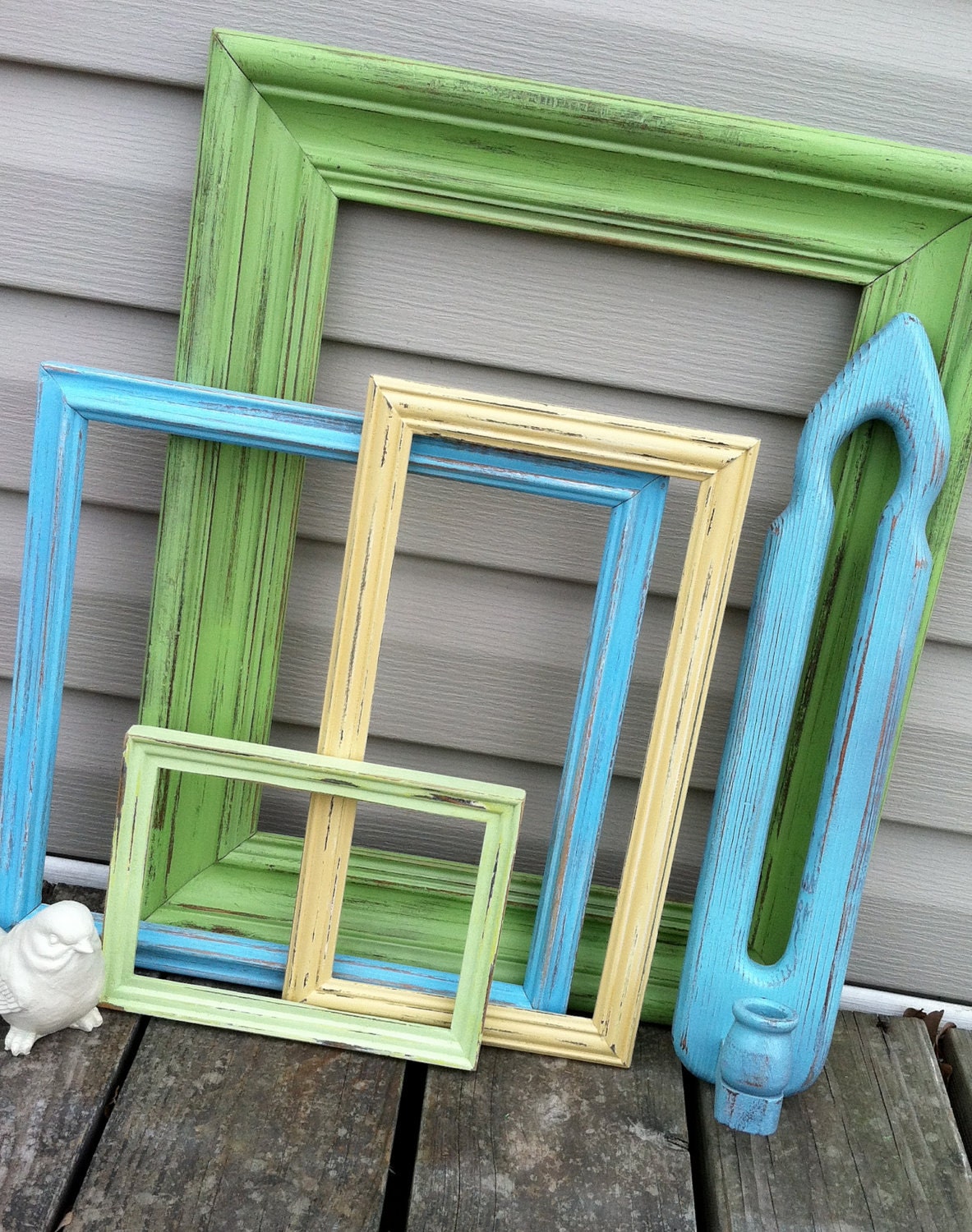 Reserved for Tammy - Beach Decor Open Frame Grouping, Green/Yellow/Blue Frames, Wooden Sconce, Instant Collection