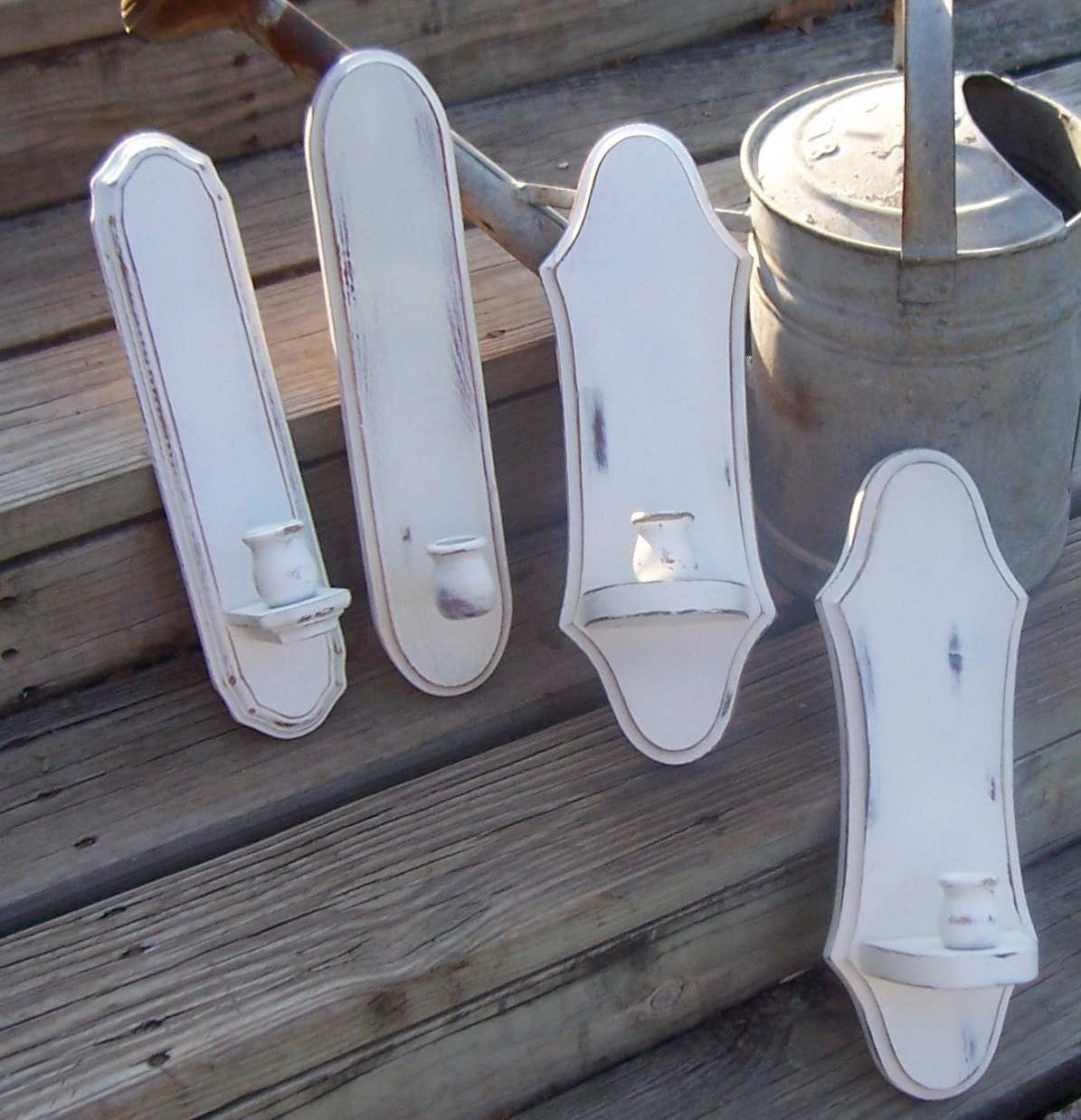 Summer Sale- White Wooden Vintage Sconces, Wall Candleholder Collection, Cottage Chic Decor, Shabby Chic Wall Decor