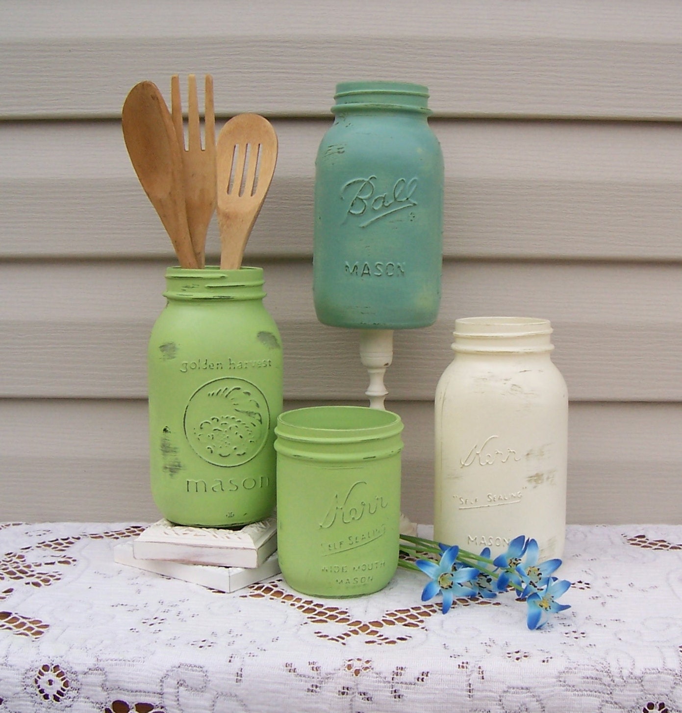 Green Painted Mason Jar Collection, Cottage Kitchen