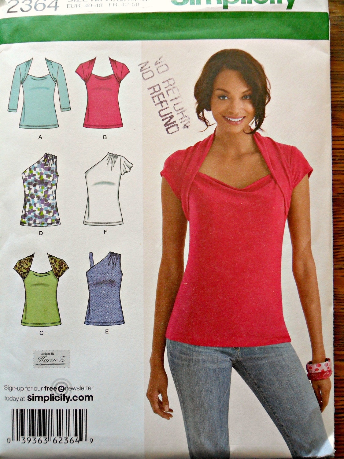 Misses Knit One Shoulder, Shrug Shoulder, Flutter Sleeve Tops Sewing Pattern Simplicity 2364 Size 14 16 18 20 22 Plus Size