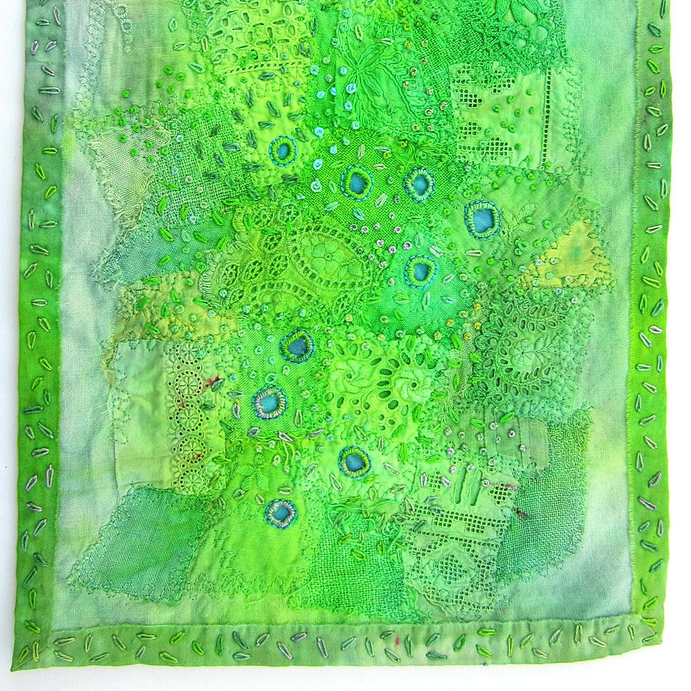 Embroidered Textile Art, hand dyed vintage textile and lace wall hanging, fiber art, green, turquoise, grey