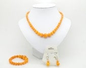 Handmade stone beads (stonework), necklace with pressed yellow agate, length 45 cm, stretch bracelet and earrings, free shipping