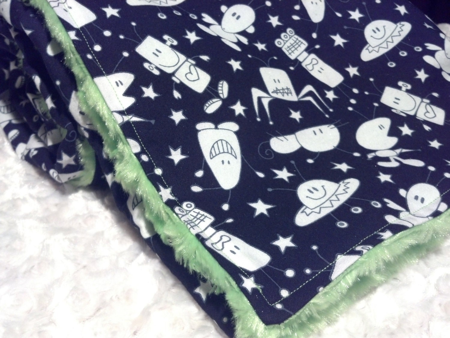 Black Friday 20% off with code: BLACKFRIDAY20 - Black White Aliens and Stars with Lime Green Minky Toddler  Blanket - Ready To Ship