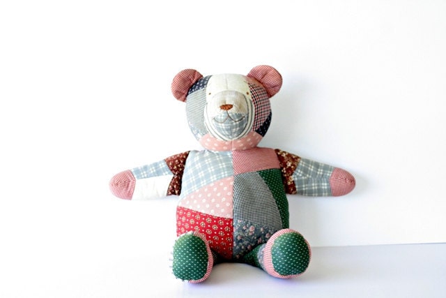 Vintage Calico Patchwork Teddy Bear - House of Hatten - Large Bear - Adorable Country Cottage Baby Decor