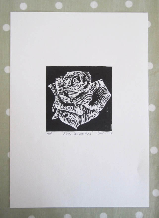 Black and White Rose lino print unframed
