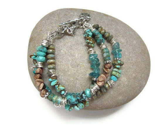 Rare Turquoise, Apatite, Peruvian Opal, Sea Urchin, and Czech Turquoise Beads Sterling Silver Organice 3 Multi Strand Bracelet - 'SHINE'