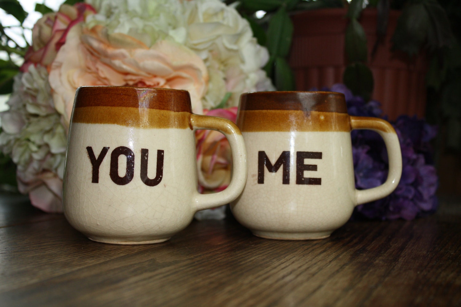 vintage you and me mugs : his and hers / couples / roomates tan and cream mugs