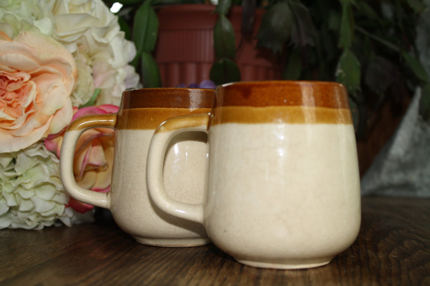 vintage you and me mugs : his and hers / couples / roomates tan and cream mugs