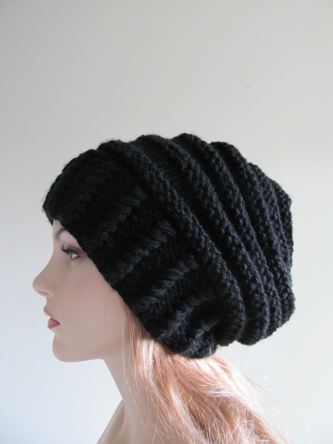 Slouchy Beanie Slouch Hats Oversized Baggy  womens Fall Winter accessory Black Hand Made Knit