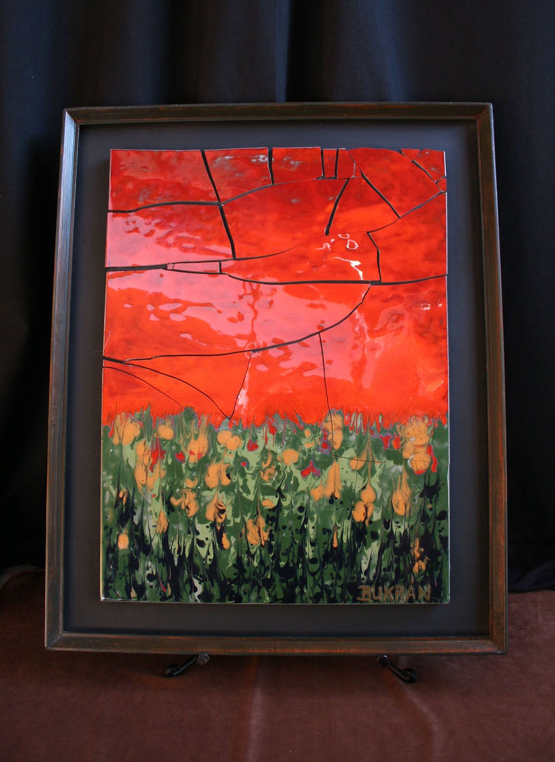 Ceramic Picture 3 Abstract Mosaic LandscapeBukran Unique Arts Birthday Red Hand Painted Handmade Gift Hungarian Present Ceramics Original