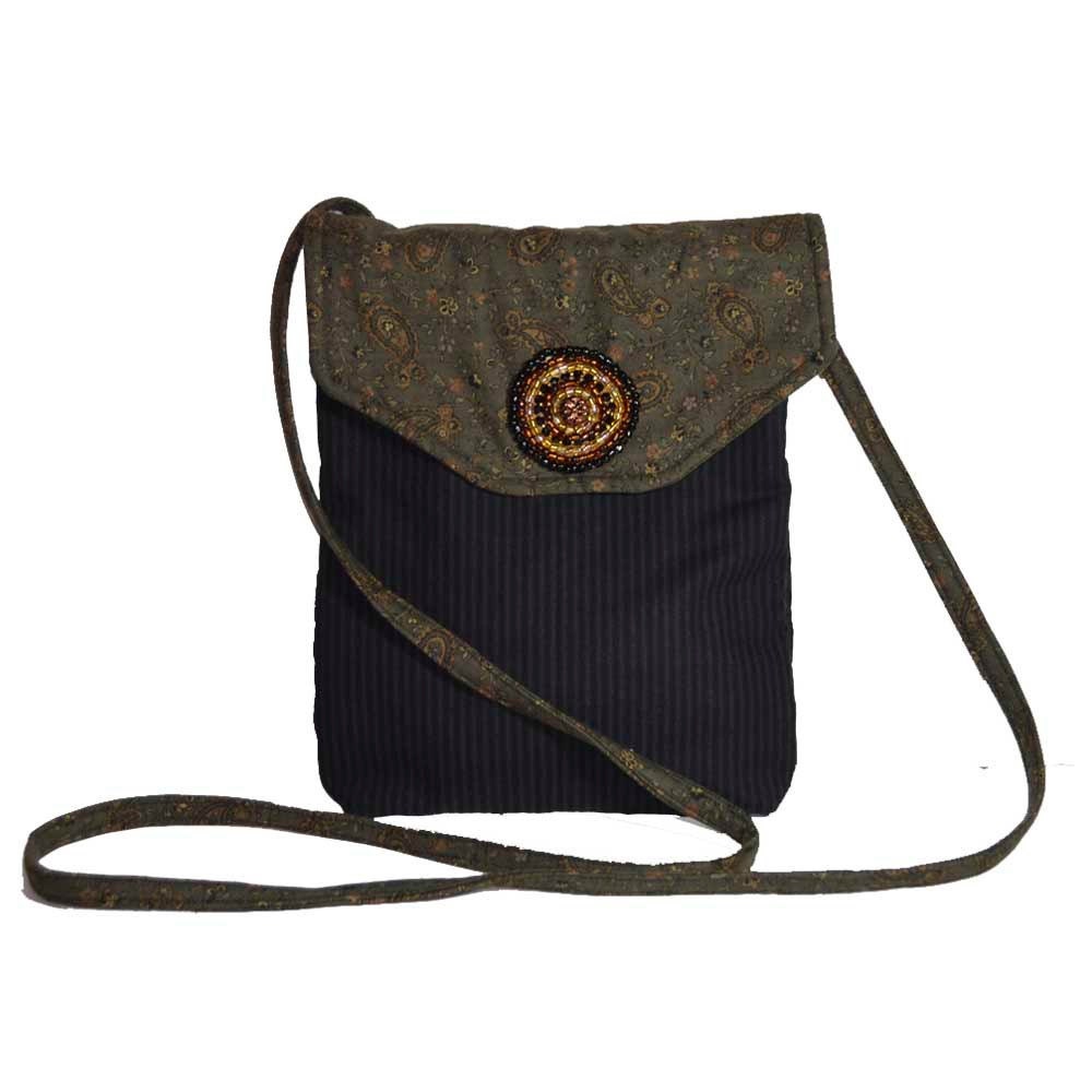 Black Stripe and Paisley Messenger Bag Purse with a Handmade Beaded Button