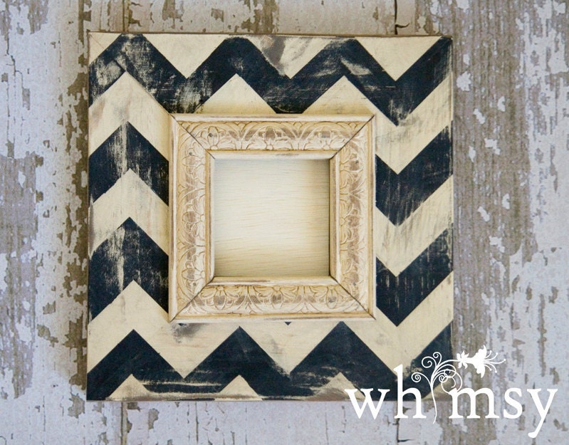 Handmade Solid Wood Picture Frame Chevron Custom Distressed 4x4"- Black and Cream-Instagram Frame