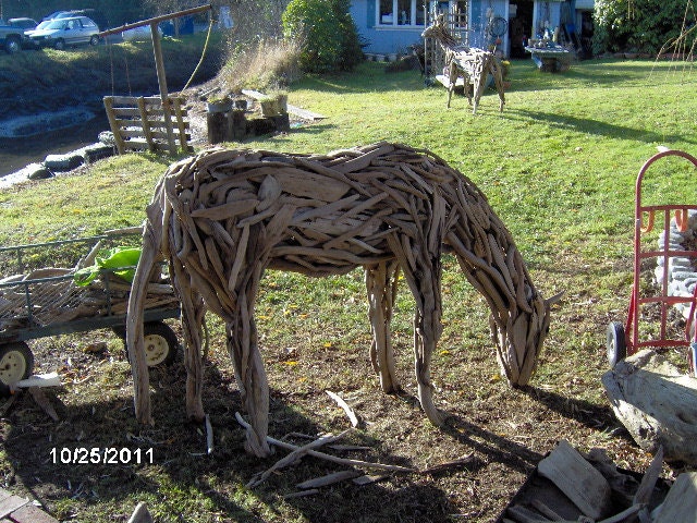 horse sculpture made from several hundred pieces of driftwood