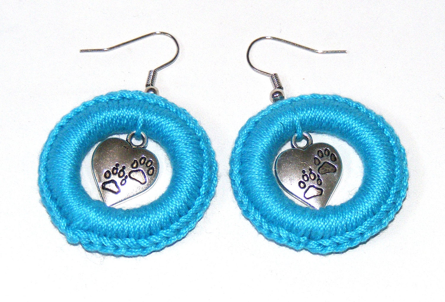A Pair of Bright Blue / Turquoise Pawprint Heart Crochet Hoop Earrings